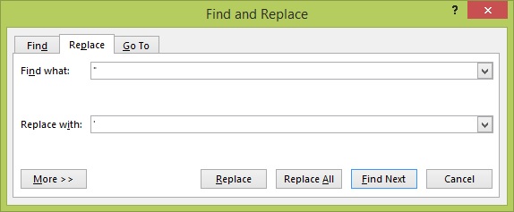 Use MS Word's Find and Replace function to change double quote marks to singles