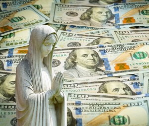 Image of statue of lady praying with US currency as background as a concept for the linkage of religion with money and wealth