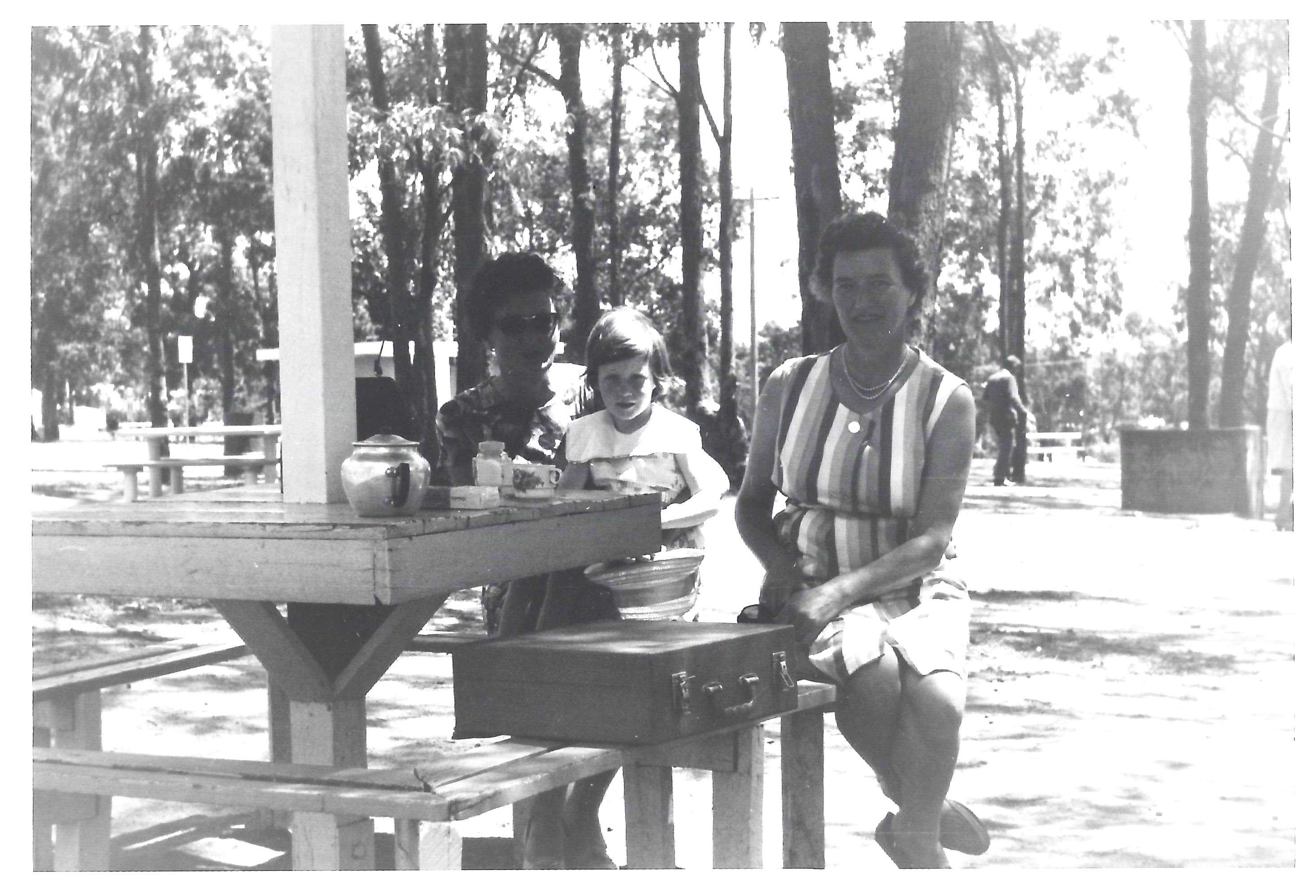 Aunty Doff (Dorothy (Waring) Redwood) holding me with Mum (Margaret (Waring) Butler), picnicking at Haviland Park, Warragamba Dam, 1965