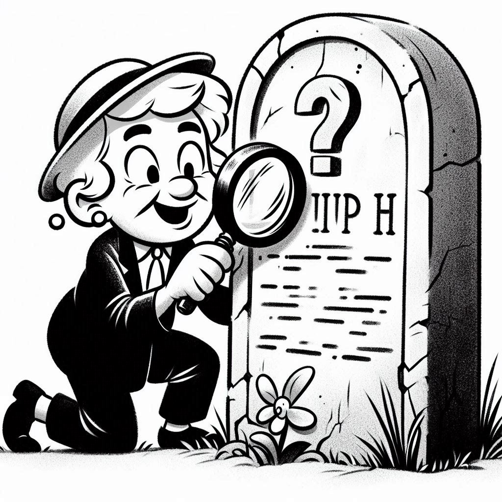 Cartoon of a mature-age woman with a magnifying glass inspecting the writing on a gravestone