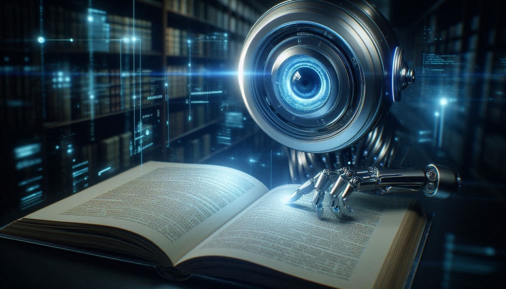 A robot with a huge eye reading a book