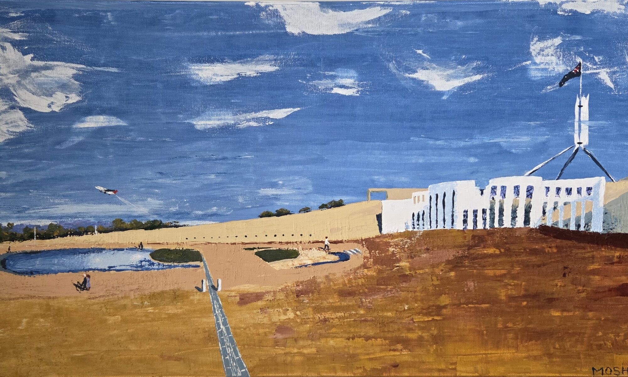 A painting of Parliament House in Canberra - a white building with a sandy yellow forecourt