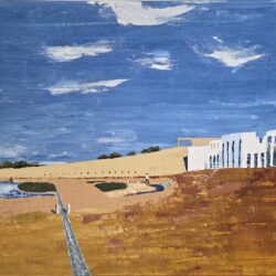 A painting of Parliament House in Canberra - a white building with a sandy yellow forecourt