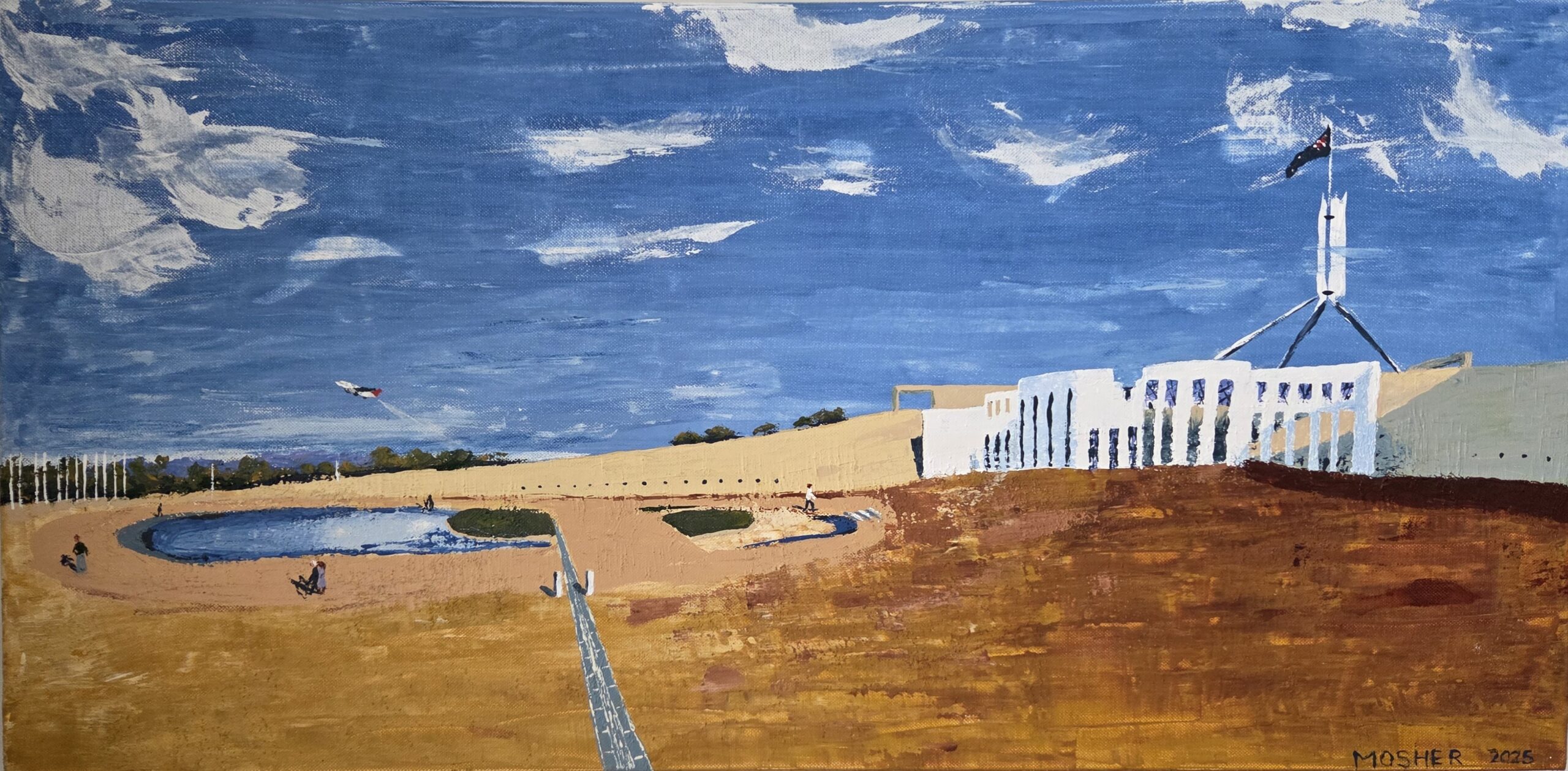 A painting of Parliament House in Canberra - a white building with a sandy yellow forecourt