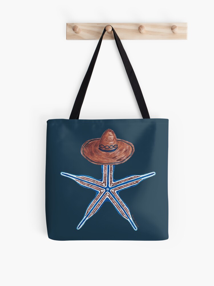 Blue bag with blue starfish wearing a sombrero on it