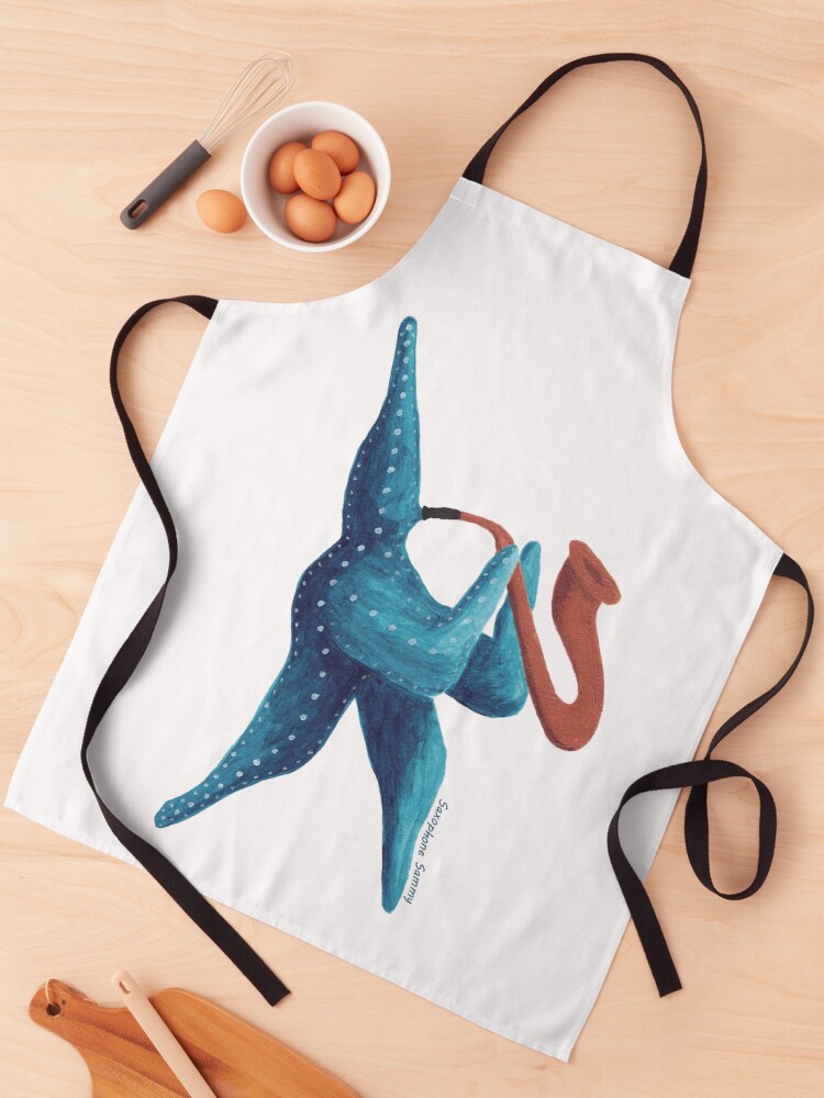 Apron with blue starfish playing the saxophone on it