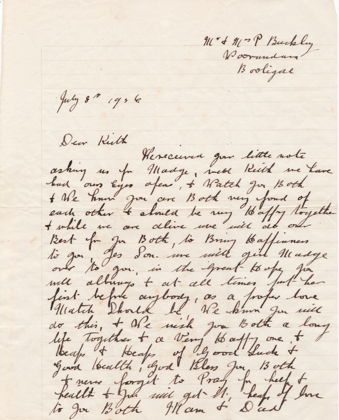 A hand-written letter from a prospective father-in-law to his future son-in-law, 1936