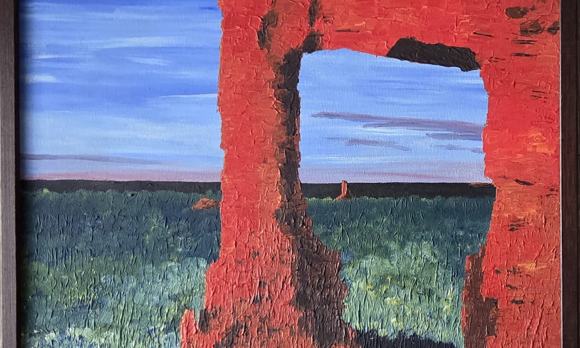 Painting of a red rock archway looking out over scrublands in Australia