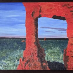 Painting of a red rock archway looking out over scrublands in Australia