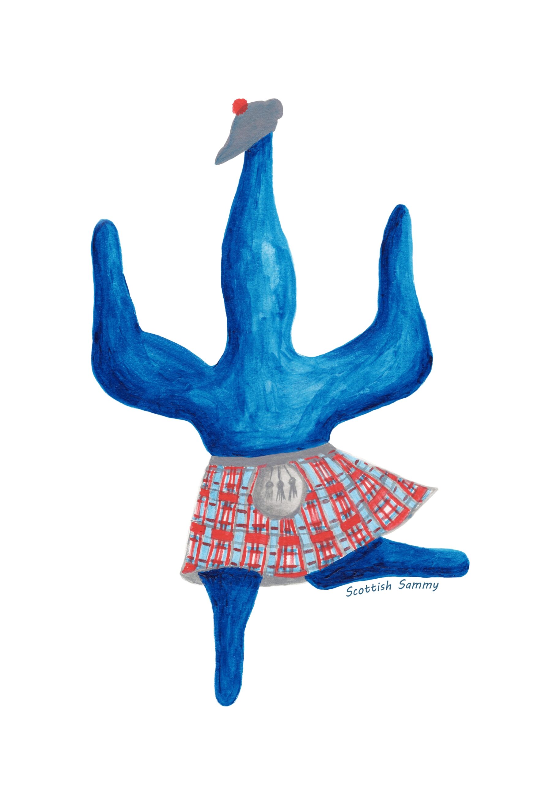 A blue starfish in a red and light grey tartan kilt doing a highland fling.